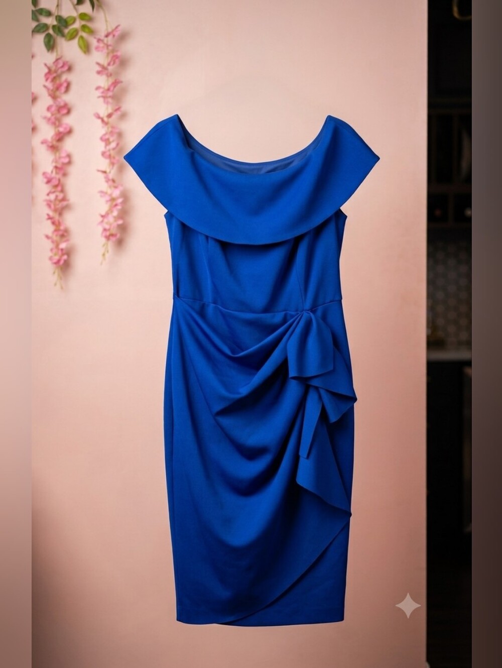 Xscape One-Shoulder Royal Blue Draped Sheath Dress